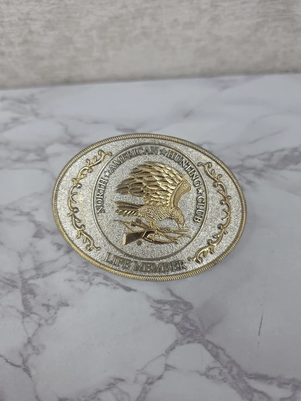 Vintage North American Hunting Club Life Member Oval Belt Buckle Gold Silver